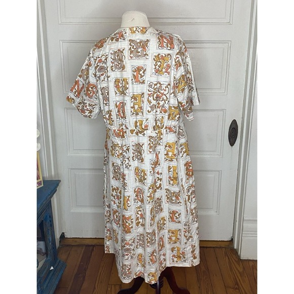 Vintage 50s Day Dress Sz L Gold Cream Letters Rockabilly Retro Feminine - Picture 7 of 10